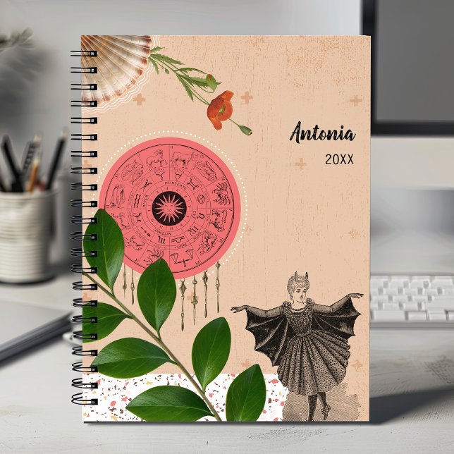 Colourful Pretty Floral Vintage Collage Monthly Planner (Horoscope and batgirl costume monthly weekly spiral planner in beige pink green, vintage collage.)