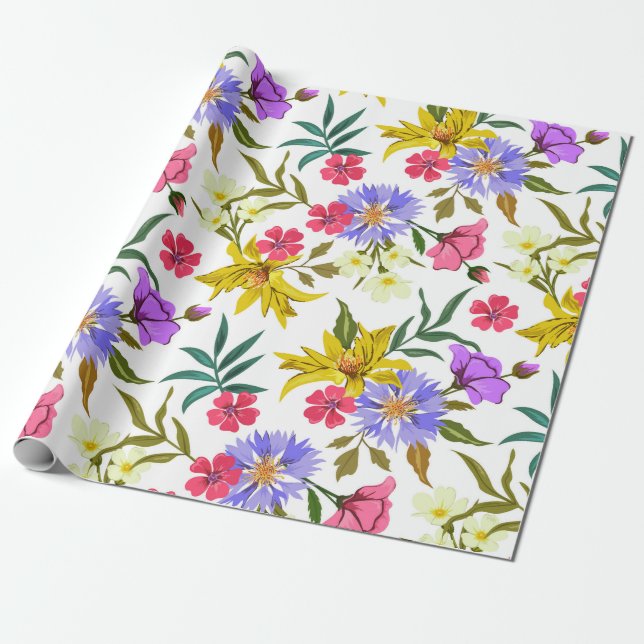 Colourful pretty flowers pattern wrapping paper (Unrolled)