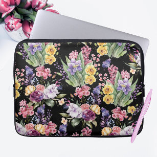 Colourful Pretty Garden Flowers on Black Backgroun Laptop Sleeve