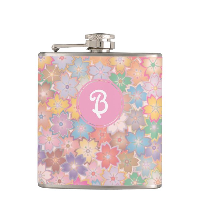 Colourful Pretty Hippy Floral Pink Monogram Hip Flask (Front)
