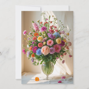 Colourful Pretty Mixed Flower Bouquet Clear Vase   Holiday Card