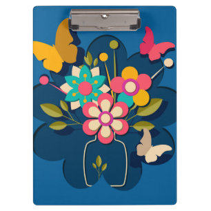 Colourful Pretty Modern Flowers Bouquet on Blue Clipboard