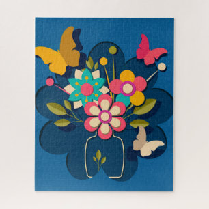 Colourful Pretty Modern Flowers Bouquet on Blue Jigsaw Puzzle