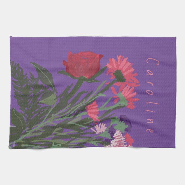 Colourful Pretty Spring Flowers + Custom Name Tea Towel (Horizontal)