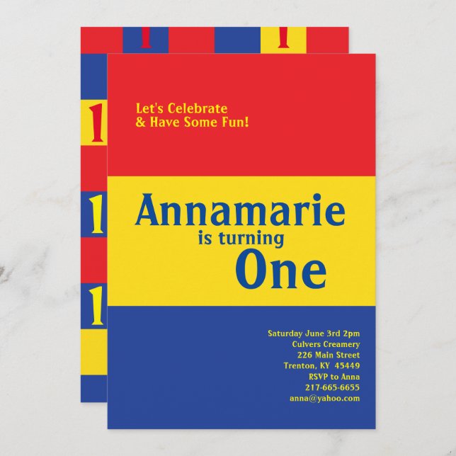 Colourful Primary 1st Birthday Cute Invitations (Front/Back)