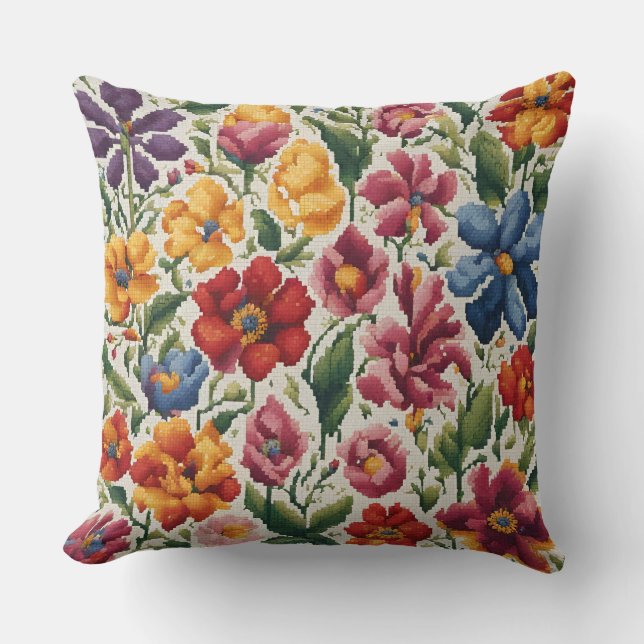 Colourful Primary Cross Stitch Vintage Floral Cushion (Front)