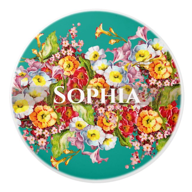Colourful Primroses Cute Floral Spring Personalise Ceramic Knob (Front)