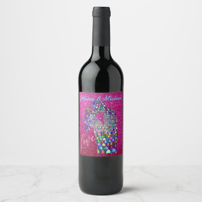 Colourful PrismaticHearts Silhouette Couple Fuschi Wine Label (Front)