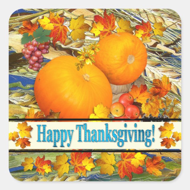 Colourful Produce & Fall leaves Happy Thanksgiving Square Sticker (Front)