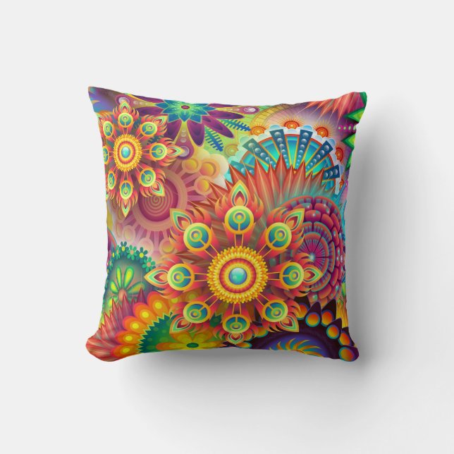 Colourful psychedelic Abstract floral pattern Cushion (Front)