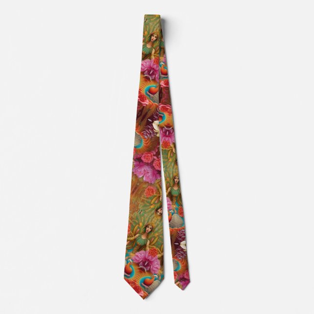 Colourful Psychedelic AI Art Orange Pink Green Tie (Front)