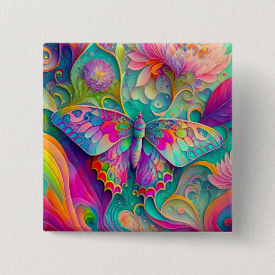 Colourful Psychedelic Butterfly and Flowers 15 Cm Square Badge