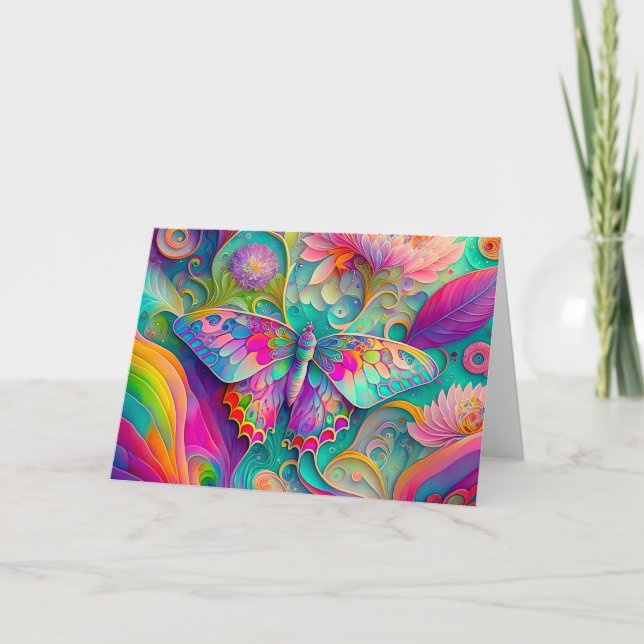 Colourful Psychedelic Butterfly and Flowers  Card (Front)
