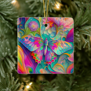 Colourful Psychedelic Butterfly and Flowers  Ceramic Ornament