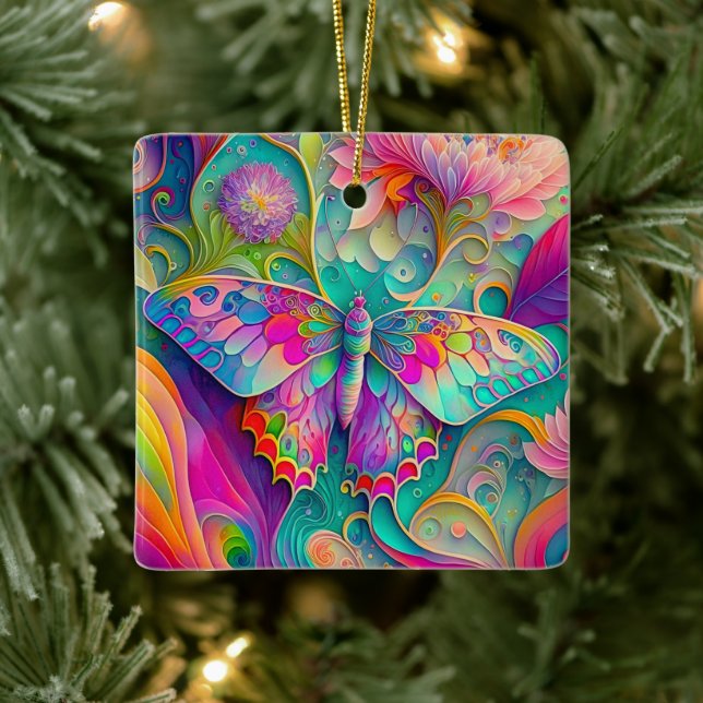 Colourful Psychedelic Butterfly and Flowers  Ceramic Ornament (Tree)