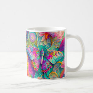 Colourful Psychedelic Butterfly and Flowers Coffee Mug