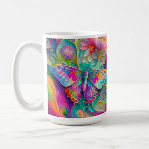 Colourful Psychedelic Butterfly and Flowers Coffee Mug