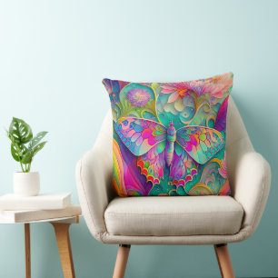 Colourful Psychedelic Butterfly and Flowers Cushion