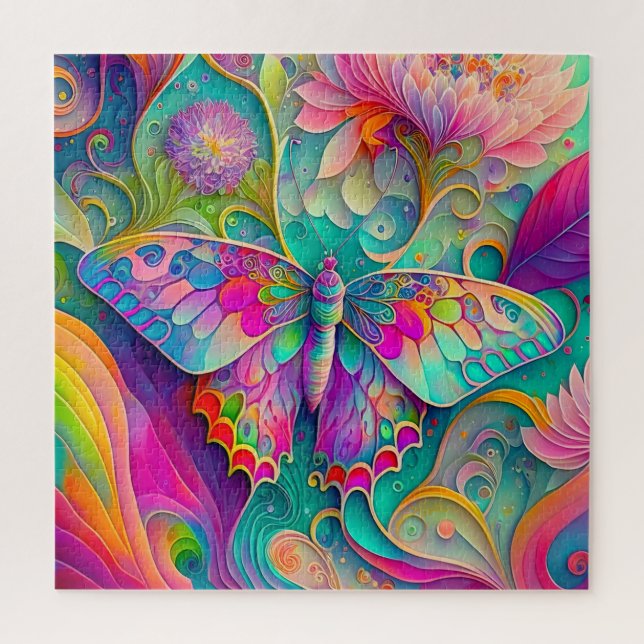 Colourful Psychedelic Butterfly and Flowers  Jigsaw Puzzle (Vertical)