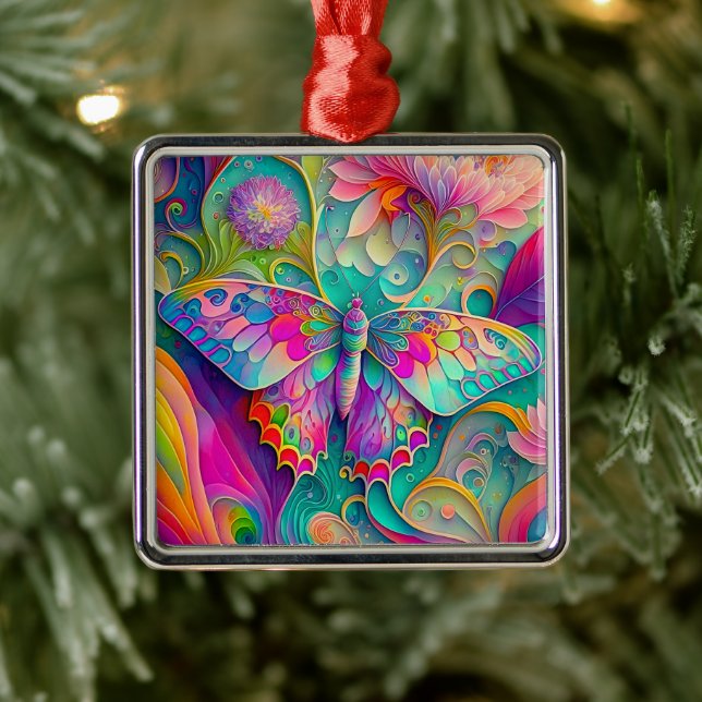 Colourful Psychedelic Butterfly and Flowers  Metal Ornament (Tree)
