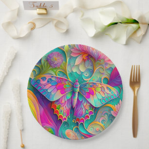 Colourful Psychedelic Butterfly and Flowers Paper Plate