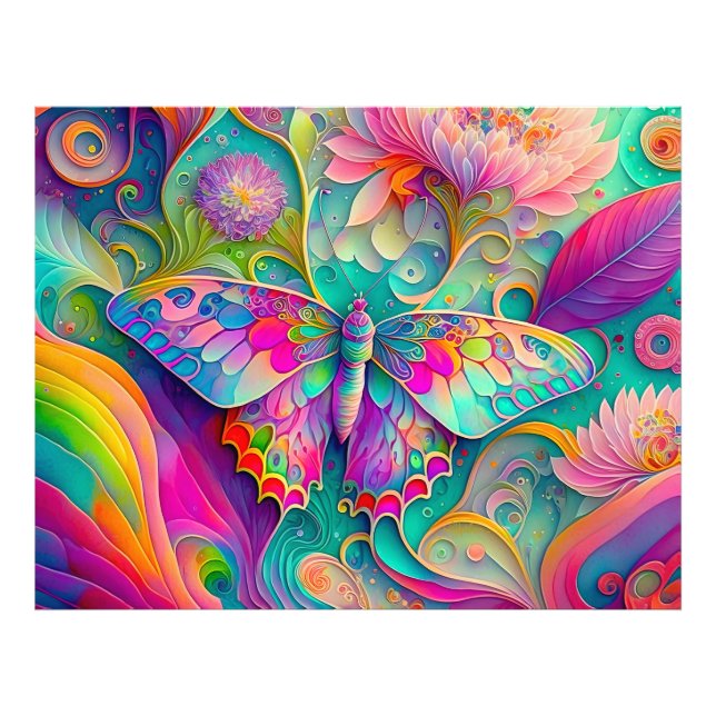 Colourful Psychedelic Butterfly and Flowers  Photo Print (Front)