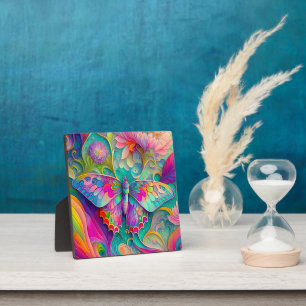 Colourful Psychedelic Butterfly and Flowers Plaque