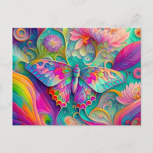 Colourful Psychedelic Butterfly and Flowers  Postcard (Front)