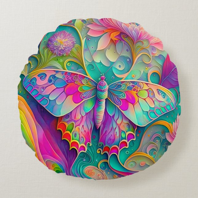 Colourful Psychedelic Butterfly and Flowers  Round Cushion (Front)