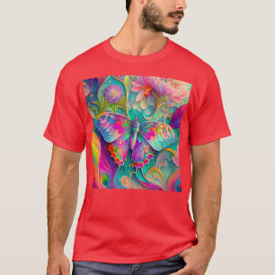 Colourful Psychedelic Butterfly and Flowers T-Shirt