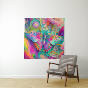 Colourful Psychedelic Butterfly and Flowers  Tapestry