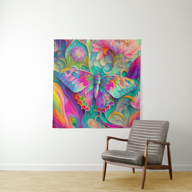 Colourful Psychedelic Butterfly and Flowers  Tapestry (In Situ)