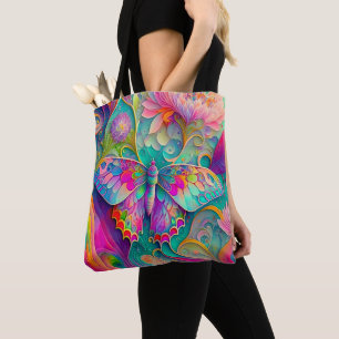 Colourful Psychedelic Butterfly and Flowers Tote Bag