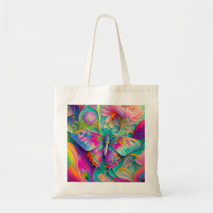Colourful Psychedelic Butterfly and Flowers Tote Bag