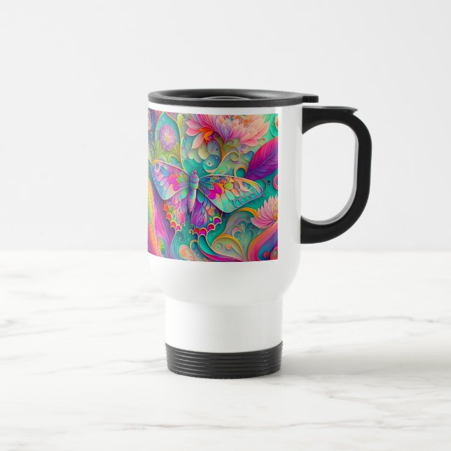 Colourful Psychedelic Butterfly and Flowers  Travel Mug (Right)
