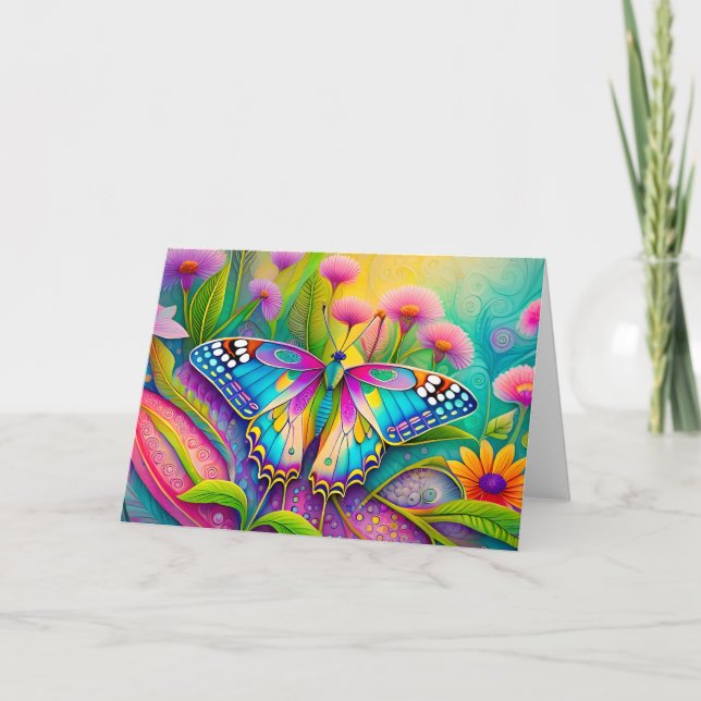 Colourful Psychedelic Butterfly and Wildflowers  Card (Front)