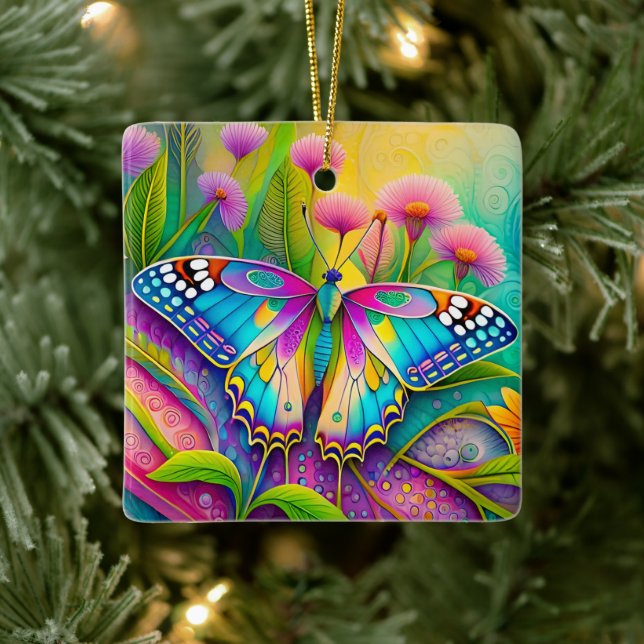 Colourful Psychedelic Butterfly and Wildflowers  Ceramic Ornament (Tree)