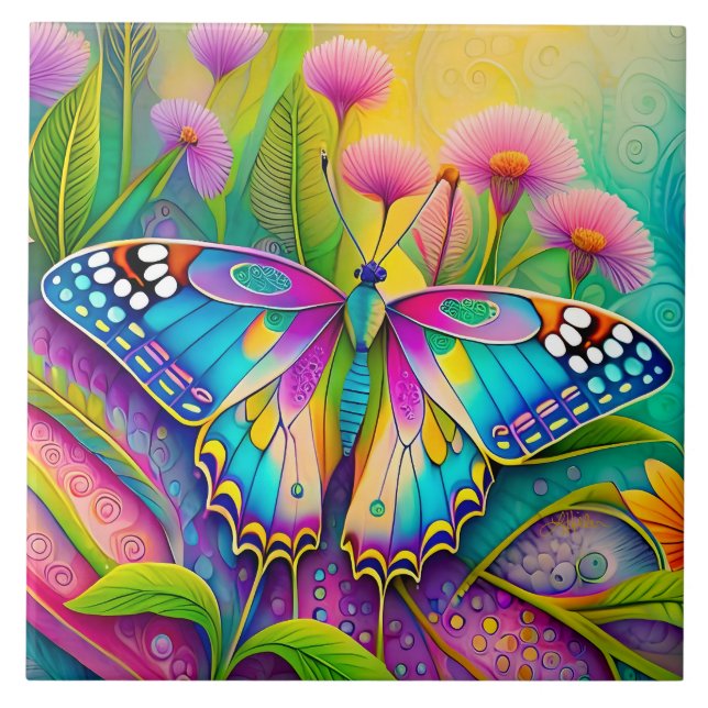 Colourful Psychedelic Butterfly and Wildflowers  Ceramic Tile (Front)