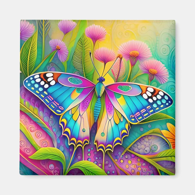 Colourful Psychedelic Butterfly and Wildflowers  Magnet (Front)