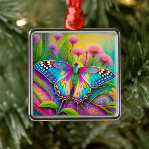 Colourful Psychedelic Butterfly and Wildflowers  Metal Ornament