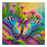 Colourful Psychedelic Butterfly and Wildflowers 