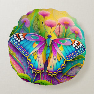 Colourful Psychedelic Butterfly and Wildflowers Round Cushion