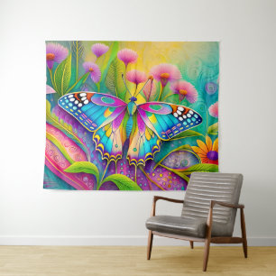 Colourful Psychedelic Butterfly and Wildflowers Tapestry