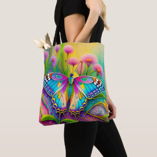Colourful Psychedelic Butterfly and Wildflowers Tote Bag