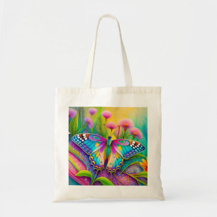 Colourful Psychedelic Butterfly and Wildflowers Tote Bag