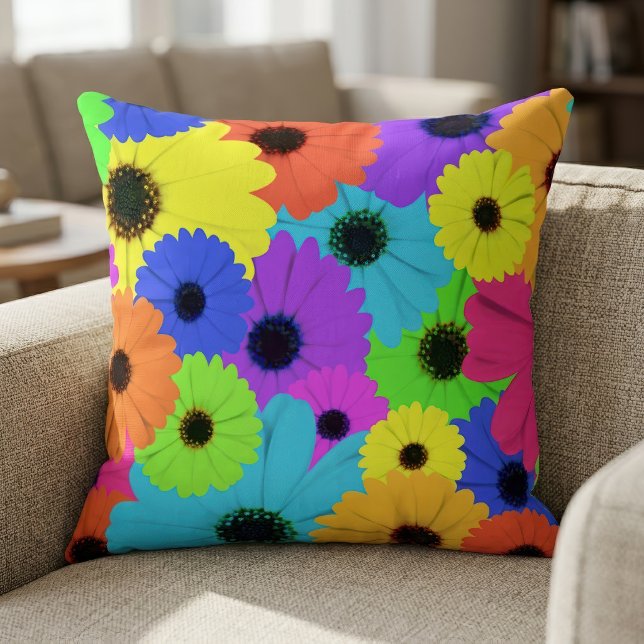 Colourful Psychedelic Daisy Floral Pattern Cushion (Colorful Psychedelic Daisy Floral Pattern. Throw Pillow)