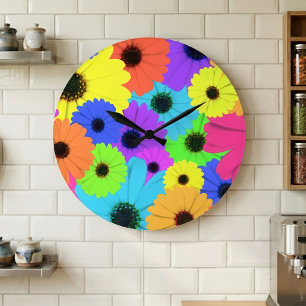 Colourful Psychedelic Daisy Floral Pattern Large Clock