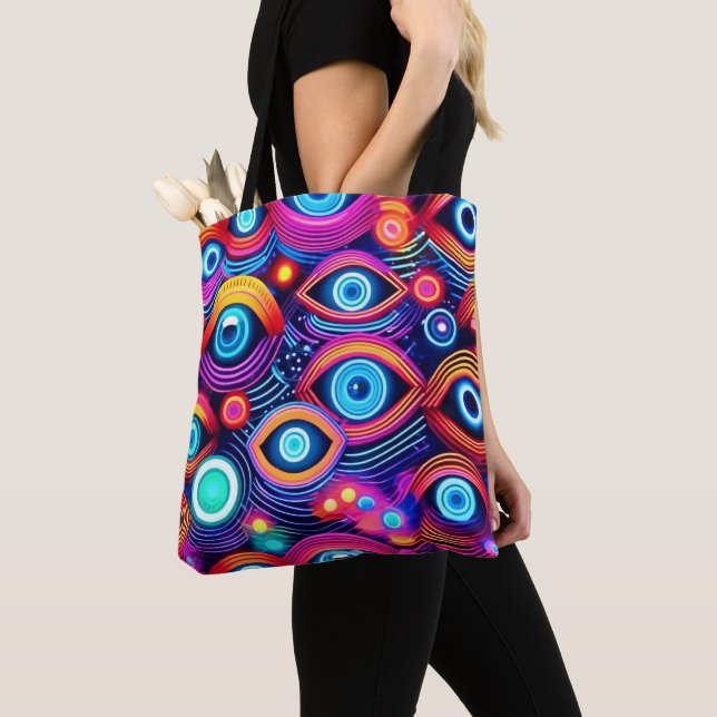 Colourful Psychedelic Eye Pattern Tote Bag (Close Up)