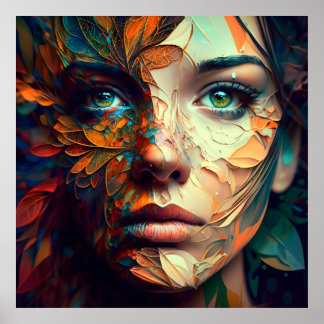 Colourful Psychedelic Female Face AI Generated art Poster