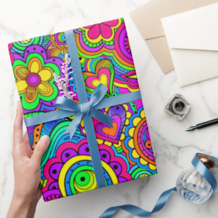 Colourful Psychedelic Floral Hippy Retro Design Wrapping Paper